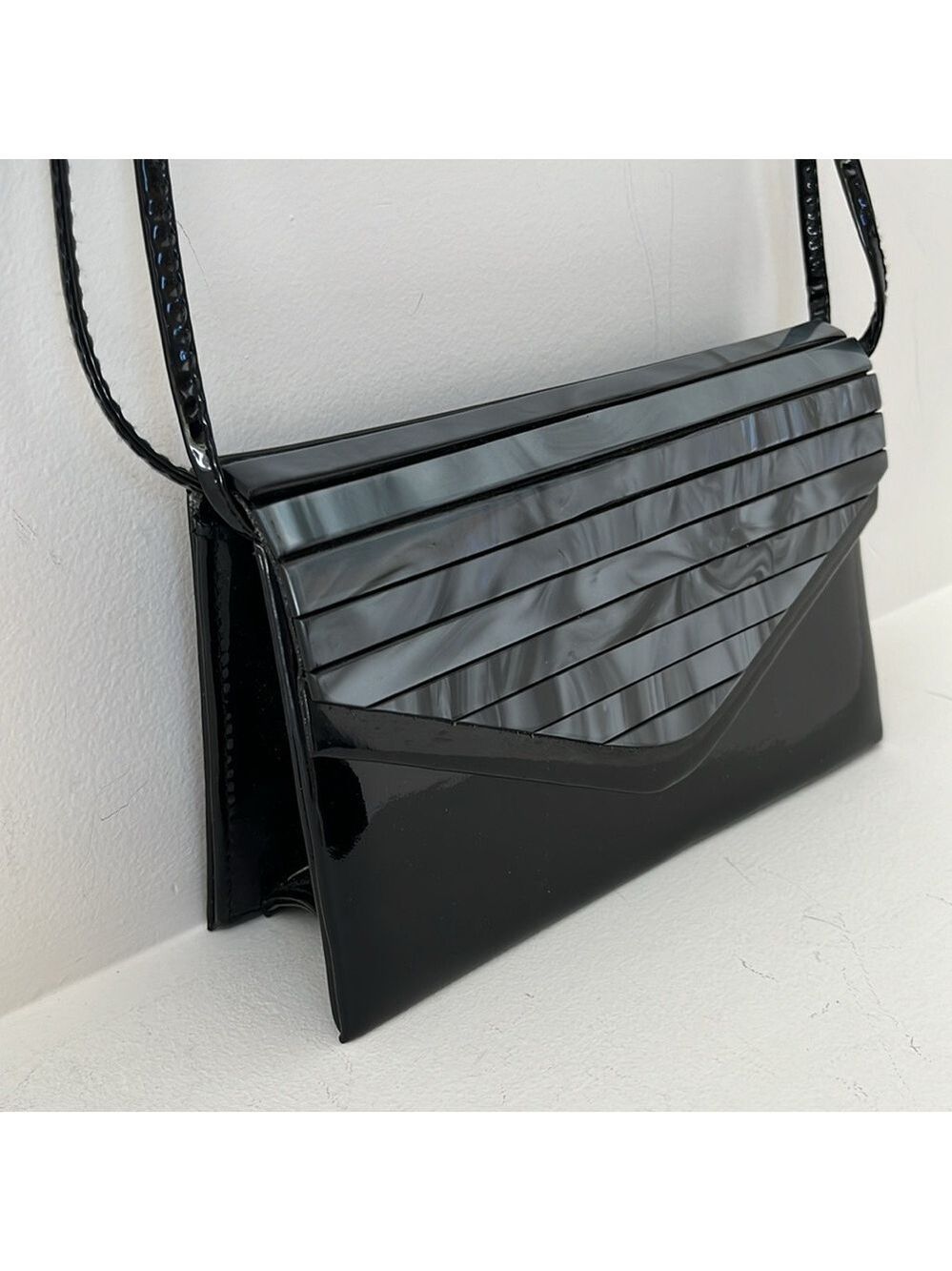 FIONA Faux Black Patent Mini Shoulder Bag Front Embellishment Event Party